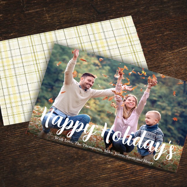 Happy Holidays Gold Calligraphy Winter Plaid  Holiday Card (Creator Uploaded)