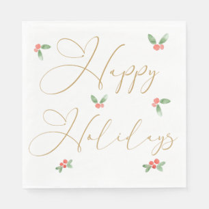 Happy Holidays Gold Calligraphy with Holly Sprigs Napkin