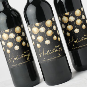 Happy Holidays Gold Christmas Ornaments Black Wine Label