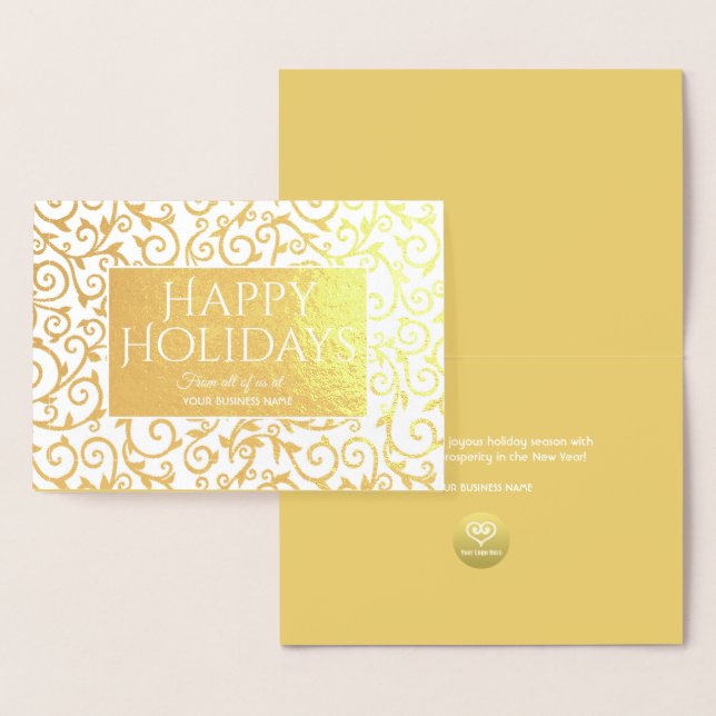 Happy Holidays Gold Damask Typography Business Foil Card (Display)