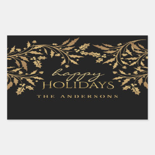 Happy Holidays Gold Faux Foil Holly Branches Rectangular Sticker