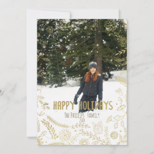 Happy Holidays Gold Floral Leaves Rustic Photo Holiday Card