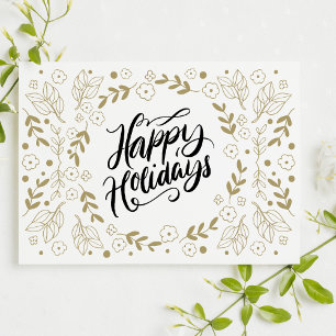 Happy Holidays Gold Floral with Branches & Blooms Invitation Postcard