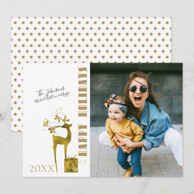 Happy Holidays Gold Foil Reindeer Single Photo Holiday Card (Front/Back)
