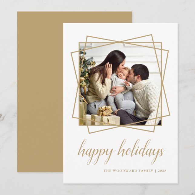 Happy Holidays Gold Geometric Family Photo Holiday Card (Front/Back)