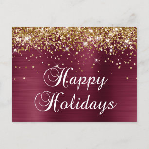 Happy Holidays Gold Glitter Burgundy Red Foil Holiday Postcard