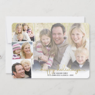Happy Holidays Gold Hand Lettered Photo Collage Holiday Card