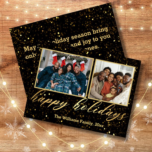 happy holidays gold handwriting 2 photo collage  card (Creator Uploaded)