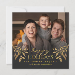 Happy Holidays Gold Holly Photo Flat Card