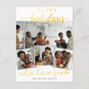 Happy Holidays   Gold Lettering 4 Photo Collage  Holiday Postcard