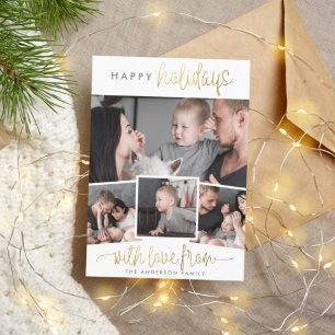 Happy Holidays Gold Lettering 4 Photo Collage Holiday Postcard