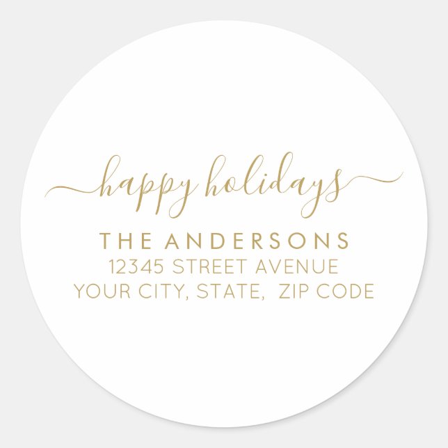 Happy Holidays Gold Script Calligraphy Address Classic Round Sticker (Front)