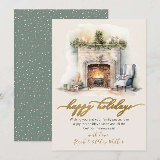Happy Holidays Gold Script Fireplace Non Photo  Holiday Card (Front/Back)