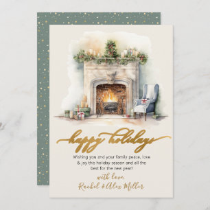 Happy Holidays Gold Script Fireplace Non Photo  Holiday Card