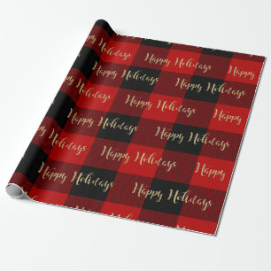Happy Holidays Gold Script Red Buffalo Plaid Wrapping Paper