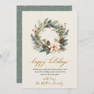 Happy Holidays Gold Script Wreath Greenery Card