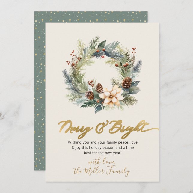 Happy Holidays Gold Script Wreath Greenery Card (Front/Back)