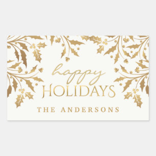 Happy Holidays Gold Shimmer Holly Branches Rectangular Sticker