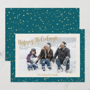 Happy Holidays Gold Stars Border Photo Holiday Card