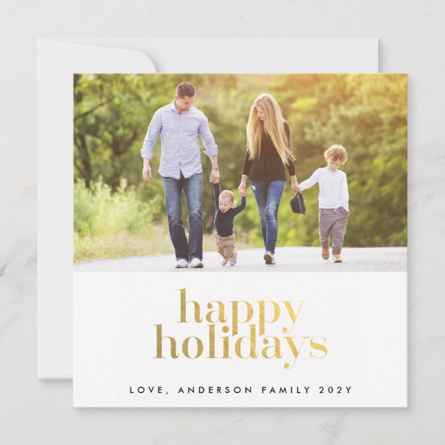 Happy Holidays Gold Tag Christmas Photo Holiday Card (Front)