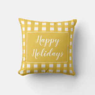 Happy Holidays Gold White Buffalo Check Cushion