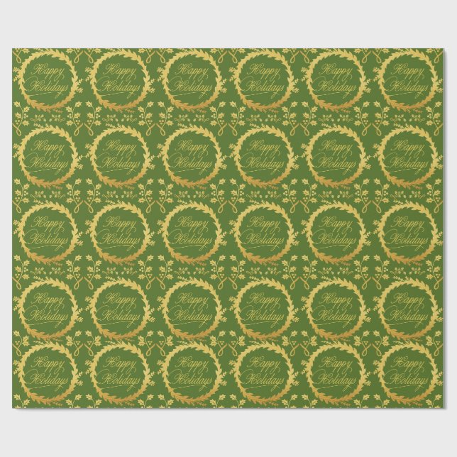 Happy Holidays Gold Wreath Wrapping Paper (Flat)