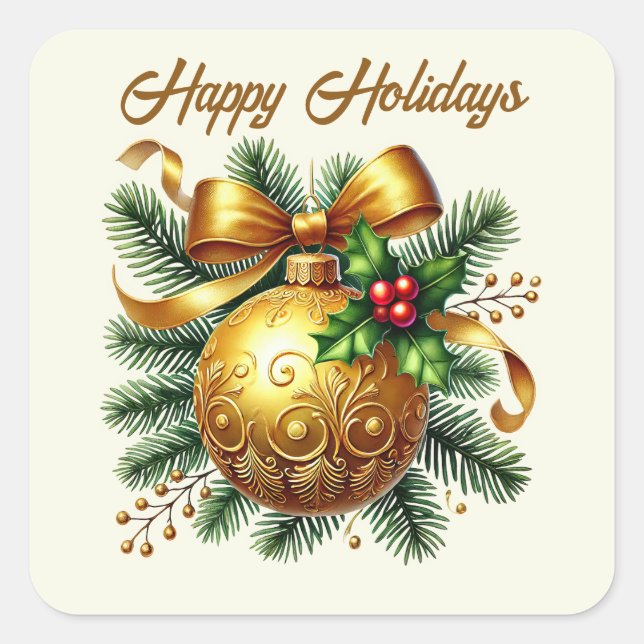 Happy Holidays golden Christmas bulb Square Sticker (Front)