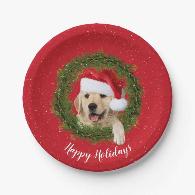 Happy Holidays Golden Retriever Paper Plate (Front)