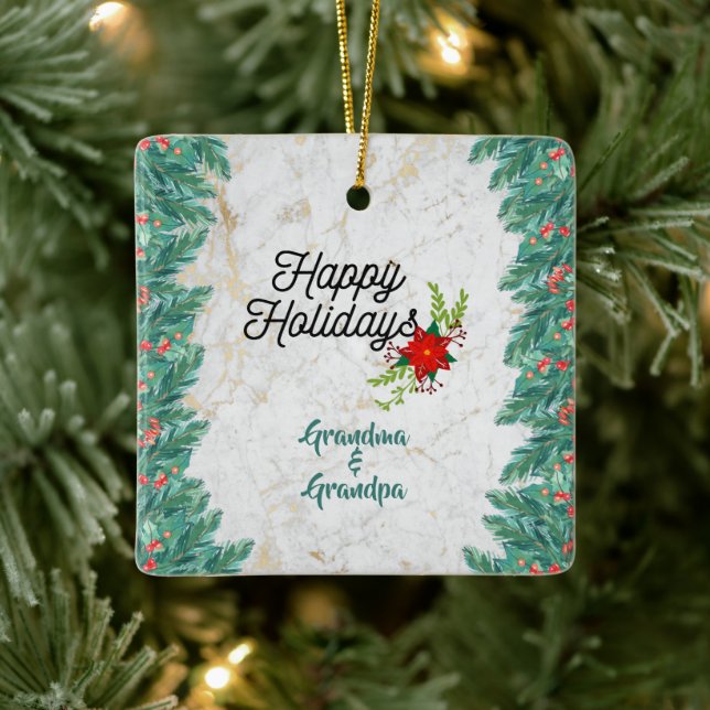 Happy Holidays Grandma and Grandpa On Marble Ceramic Ornament (Tree)