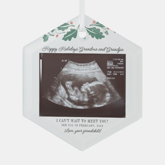 Happy Holidays Grandparents Pregnancy Ultrasound Glass Tree Decoration (Front)