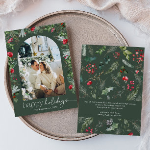 Happy Holidays Green 1 Photo Botanical Arch Modern Holiday Card