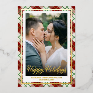Happy Holidays Green and Red Plaid Couple Photo