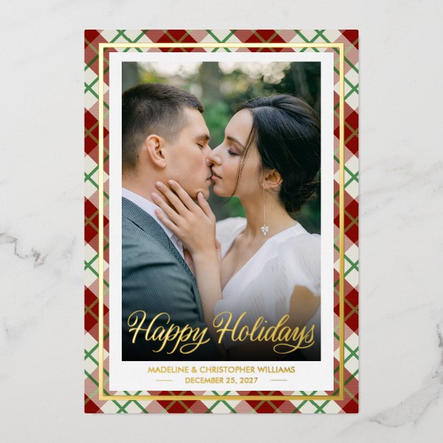Happy Holidays | Green and Red Plaid Couple Photo (Front)