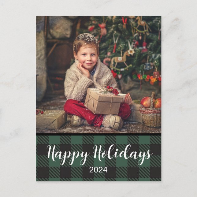 Happy Holidays Green Buffalo Plaid 2024 Postcard (Front)
