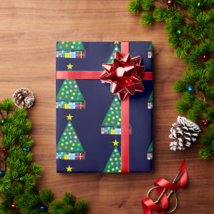 Happy Holidays Green Christmas Tree: Dark Blue Wrapping Paper