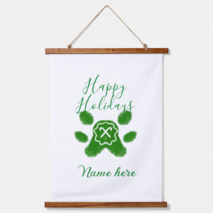 Happy holidays green dog pet paw candy cane animal hanging tapestry