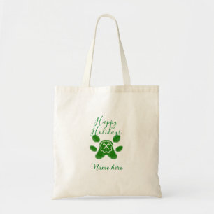 Happy holidays green dog pet paw candy cane animal tote bag