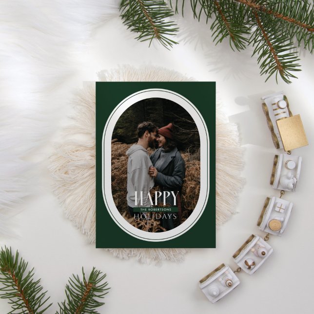 Happy Holidays Green Oval Frame Photo Card (Creator Uploaded)