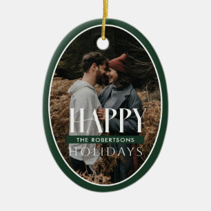 Happy Holidays Green Oval Frame Photo Card Ceramic Tree Decoration