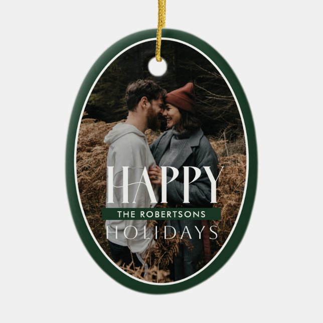 Happy Holidays Green Oval Frame Photo Card Ceramic Tree Decoration (Front)