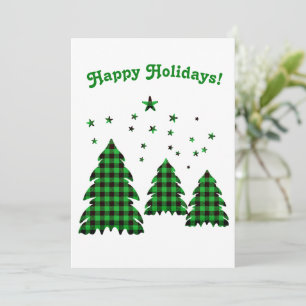 Happy Holidays Green Plaid Christmas Tree Stars Holiday Card