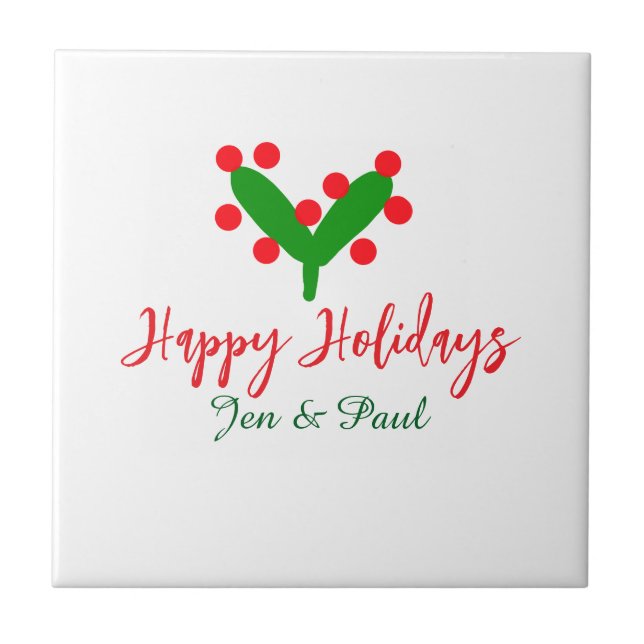 Happy holidays green red couple name green leaf tile (Front)
