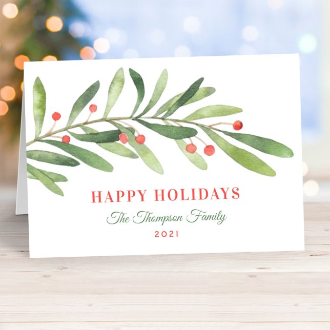 Happy Holidays Green Red Winter Greenery Holiday Card (Creator Uploaded)