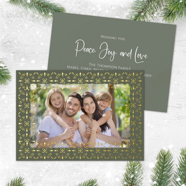 Happy Holidays Green Snowflake Photo (Real gold foil holiday photo card with a one photo template. )