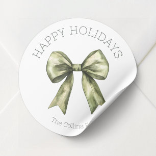 Happy Holidays Green Watercolor Bow Christmas Classic Round Sticker