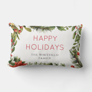 Happy Holidays Greenery Festive Christmas Family Lumbar Cushion