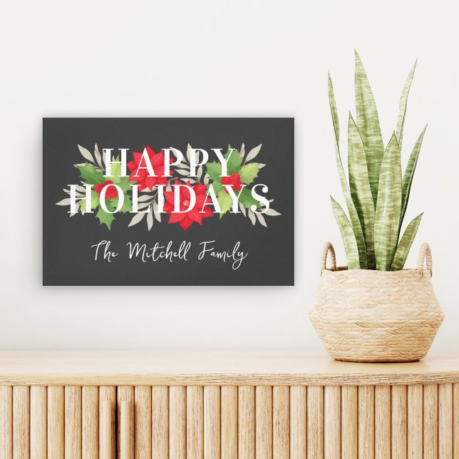 Happy Holidays Grey Christmas Floral Family Name Canvas Print (Creator Uploaded)