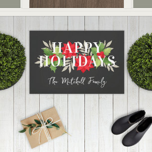 Happy Holidays Grey Christmas Floral Family Name Doormat