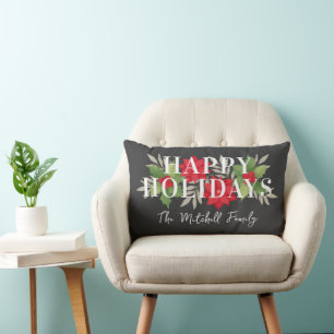 Happy Holidays Grey Christmas Floral Family Name Lumbar Cushion