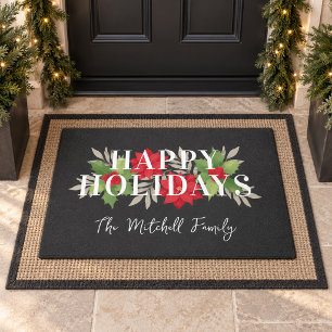 Happy Holidays Grey Poinsettia Family Name Doormat
